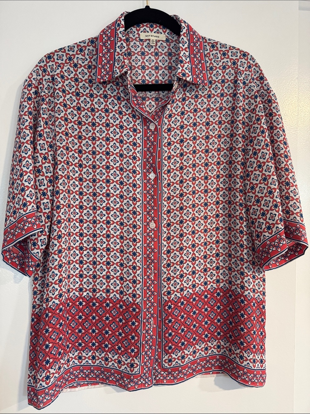 Max Studio Red, White & Blue Printed Short-Sleeve Button-Up Blouse